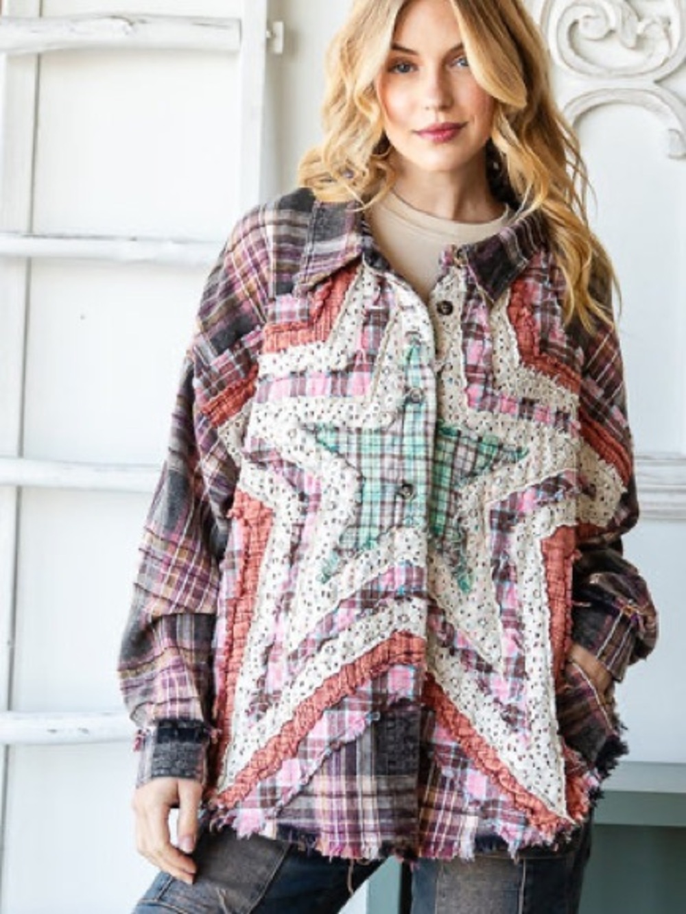 Oli & Hali Sz S Boho Button Up Mixed Plaid Shirt with Front Star Patch in Black